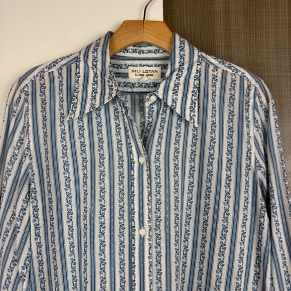 Nili Lotan Blue White Floral Striped Kate Button Down Shirt Blouse Womens Medium